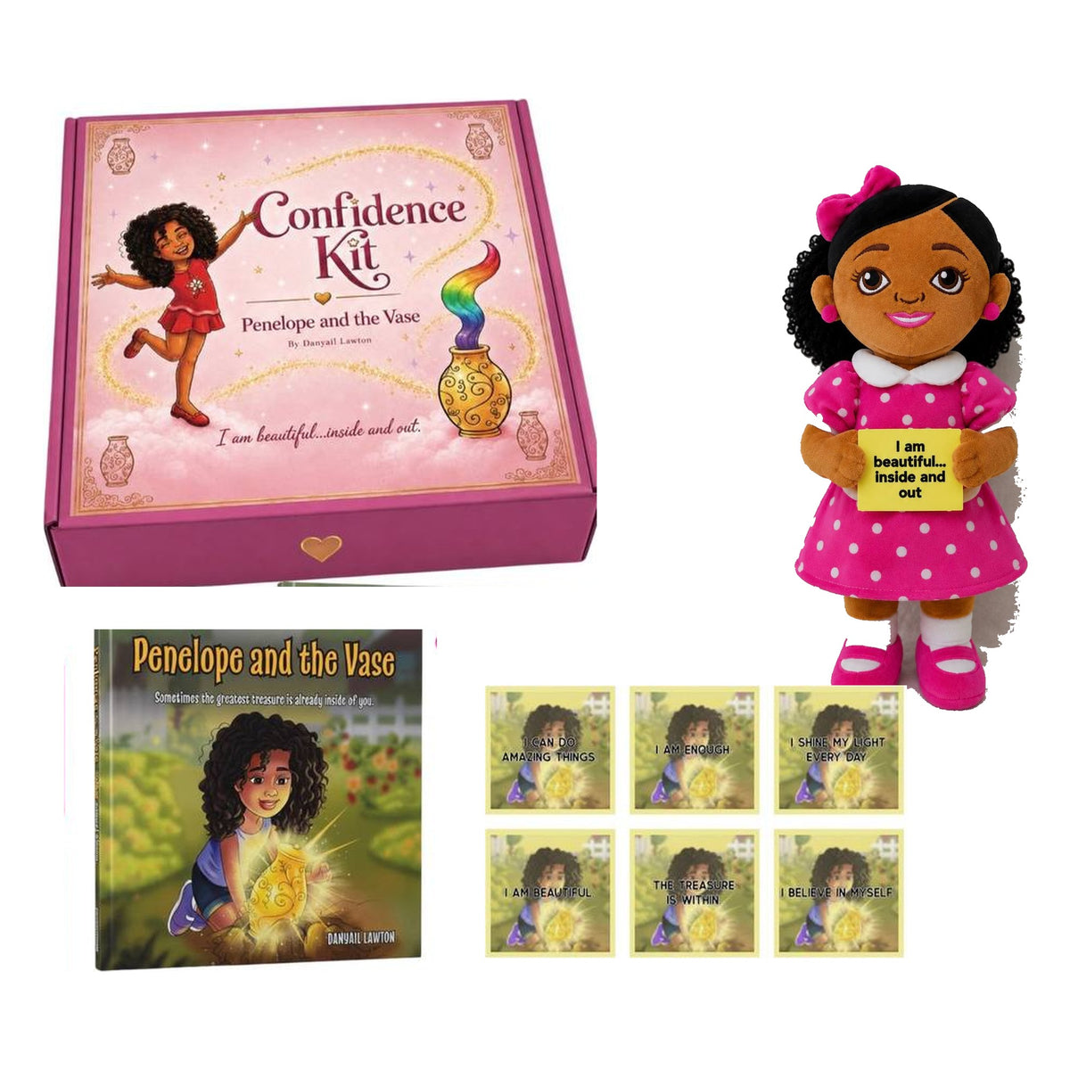 Penelope Confidence Kit: gift box, Penelope plush doll, hardcover book, and affirmation stickers