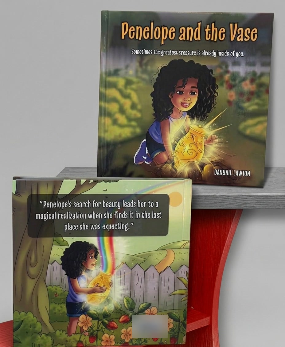 The hardcover of Penelope and the Vase that comes in the Confidence Kit, front cover and back cover.