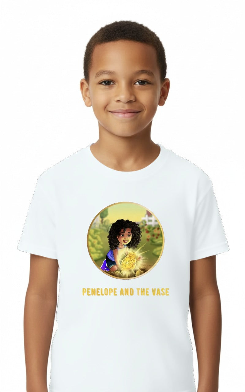 Penelope T-shirt, Penelope and the Vase design, youth, white